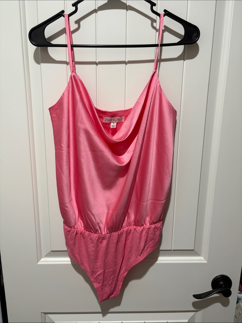 She + Sky Hot Pink Satin Cowl-Neck Bodysuit